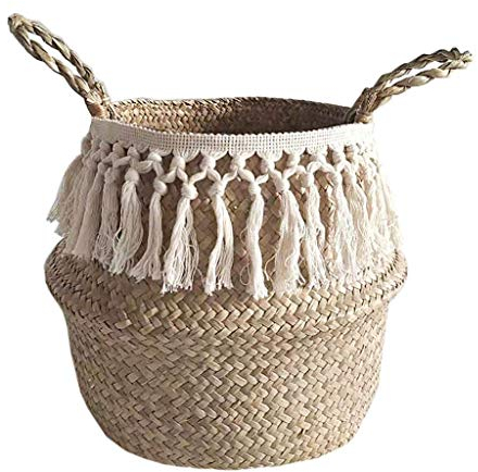Panier en jonc de mer avec partie supérieure pliable pour le rangement du linge, pique-nique, cache-pot de fleurs, sac de plage,Panier de ventre jonc de mer, Osier Panier de Fleur paniers