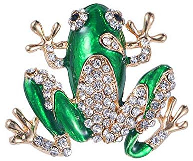 Broche acier petite grenouille verte et strass cristal blanc.