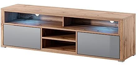 Selsey TV-Lowboard Fernsehschrank Mario 137 cm, Wotan Eiche Matt/Grau Hochglanz, LED mit Batterie