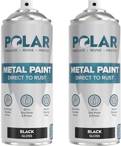 Polar Direct to Rust Gloss Black Metal Spray Paint - 2 x 400ml - Perfect for Metal, Wood, Furniture, Rust - Outdoor & Indoor Surfaces - Easy to Apply - 3 in 1 Primer, Undercoat & Topcoat