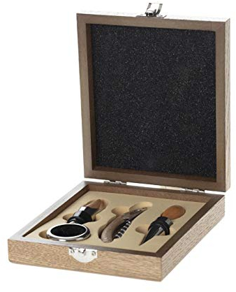 Coffret Sommelier avec 4 Accessoires - Tire bouchon, Bouchon, Bouchon Verseur et Bague (17 x 15 cm)