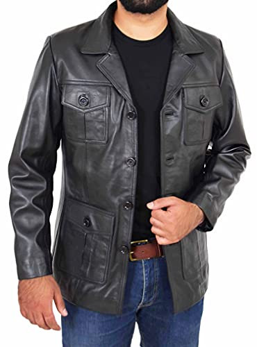 A1 FASHION GOODS Mens Leather Classic Retro 70's Blazer Hunters Safari Jacket Black Tan Colour Jim (Black, L)