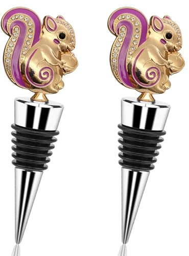 Wine Bottle Stopper Airtight Seal-Decorative Crystal Polygonal Gem Pink Squirrel Animal Gold Bottle Topper for Wine &Beverage Plug,Set of 2