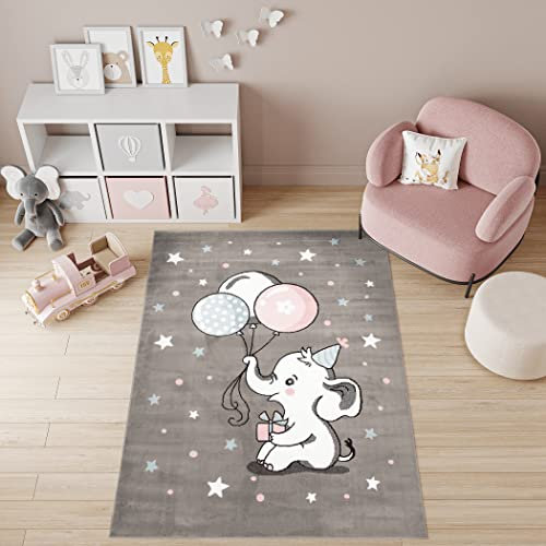 TAPISO Baby Tapis de Chambre Enfant Bébé Fille Garçon Adulte Design Moderne Gris Blanc Bleu Rose Motif Petit Eléphant Ballons Tapis de Jeu Poil Court Fin Doux Résistant 120 x 170 cm