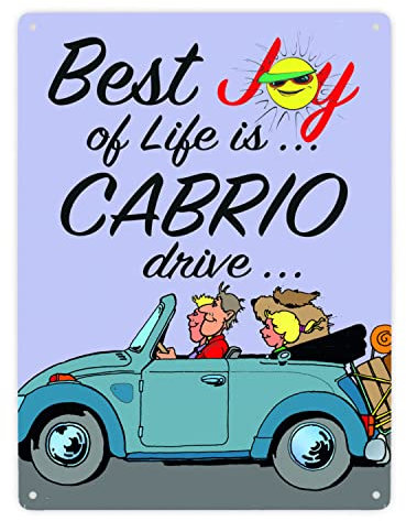 Best Joy of Life is Cabrio drive Metallschild XXL in 28x38 cm in lila Auto Metall-Schild Autofahrer Blechschild Lebensqualität Aluminium Cabriofahrer