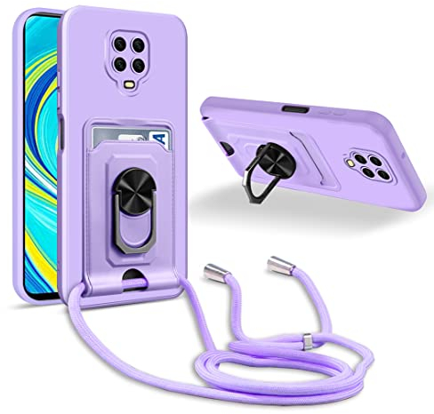 JMstore Handykette Schutzhülle Kompatibel mit Xiaomi Redmi Note 9S/Note 9 Pro/9 Pro Max,360° Ring Ständer magnetisches Eisenblech+Kartenfach Kameraschutz Stoßfester Silikon hülle-Lila