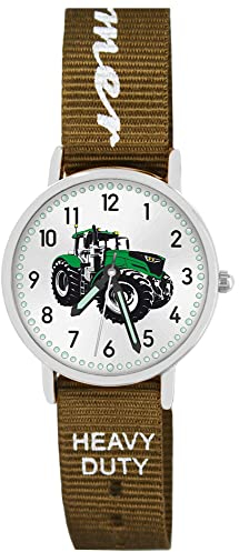 Pacific Time Kinder Armbanduhr Jungen Traktor für Kinder grün Trecker Kinderuhr Auto Car Textilarmband Farmer Leuchtzeiger Analog Quarz 87543