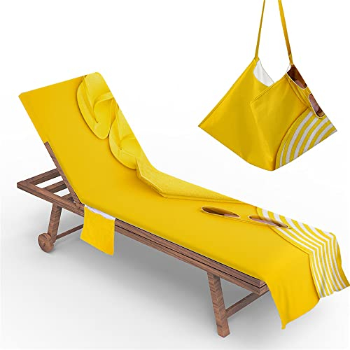 Morbuy Liegestuhl Handtuch mit Taschen, Strandtuch für Liegen, Sommer Element Druck Strandliegen Handtuch Mikrofaser Leicht Strandtuch für Schwimmbad, Strände (73x210cm,Gelb)