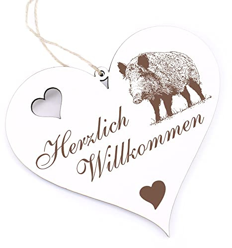 Herzlich Willkommen Schild - Keiler Wildschwein - Deko Herz Holz Willkommensschild Türschild Dekoschild Türdeko