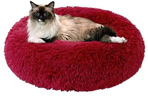 jiuzcare Hundebett Rundes PlüSch Katzenbett Haustierbett PlüSch Hundebett Katzenbett SchöNe Tierbett Super Weich Doughnut-Form Haustierbett FüR Katzen Donut Kissen Hundebetten FüR Kleine Hunde (Red)