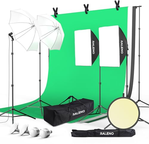 RALENO Photography Lighting Kit, 8.5x10ft Photo Backdrops Stands with 6x9ft Green Screen, 50W LED Bulbs, 5500 K, 97CRI, Umbrellas&Softbox Lighting kit for Studio Portrait Product Photography