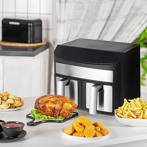 Alivio 9L Dual Basket Air Fryer, Double Basket Digital Air Fryer 1700W with Timer Touchscreen & Temperature Control, 8 Adjustable Pre-set Cooking Sync Cook