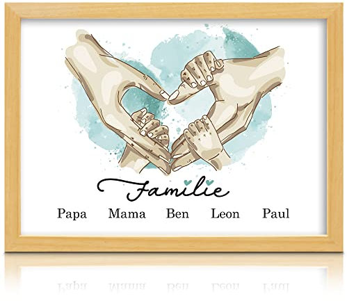Milaboo® Familienposter personalisiert Herzhände A4 I besonderes Geschenk zur Geburt, Taufe, Mama, Papa, Oma und Opa I (5 Hände blau Ohne Bilderrahmen)