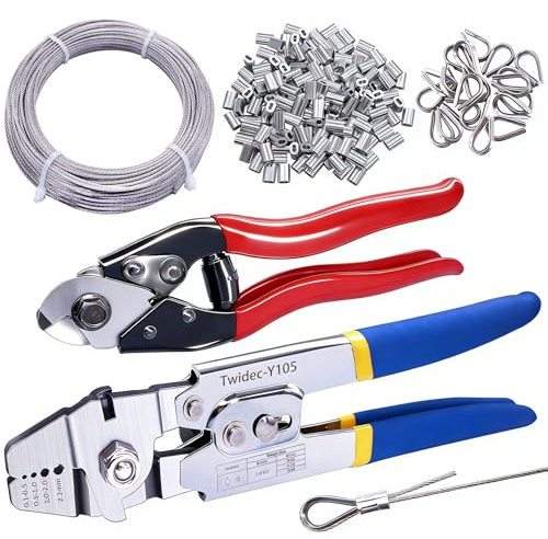 Twidec/Wire Rope Crimping Tool Up To 2.2mm With 240PCS 1/16''Aluminum Crimping Loop Sleeve And 165FT 1/16'' 304 stainless steel Wires Rope 20PCS Wire Thimbles And Wire Rope Cable Cutter Kit