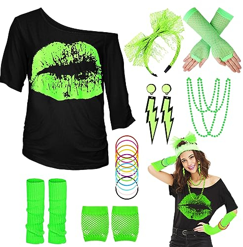 80er 90er Jahre Outfit Damen, T-Shirt, Beinwärmer, Stirnband, Ohrring, Halskette, Netzhandschuhe, 80er 90er Jahre Kostüm Mottoparty Accessoires Kleidung Neon Party Karneval Fasching Damen Mädchen
