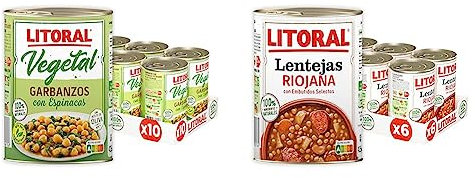 LITORAL Vegetal Garbanzos con Espinacas - Plato Preparado Sin Gluten - Pack de 10x425g - Total: 4.25kg & Lentejas Riojana - Plato Preparado Sin Gluten - 425g - Pack de 6x425g - Total: 2.55kg