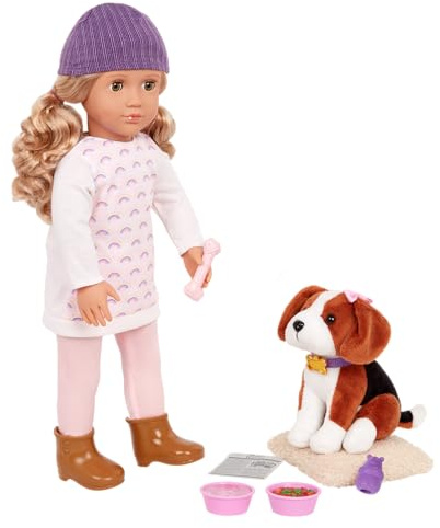 Our Generation Ember & Elsie, 46-cm-Puppe mit 15-cm-Beagle | 46-cm-Puppe mit 15-cm-Beagle aus Plüsch, Kleidung und Zubehör für Rollenspiele, Frisieren und Anziehen, 3+ Jahre