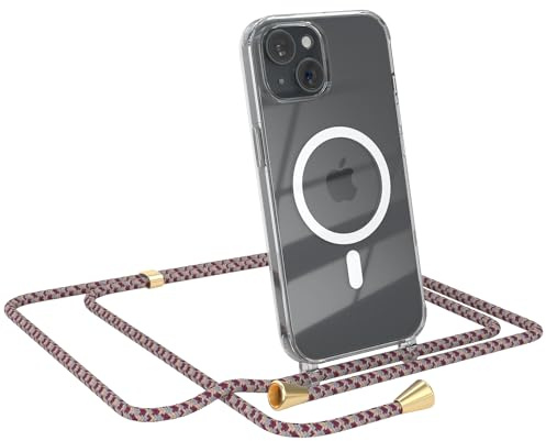 EAZY CASE - Handykette kompatibel mit iPhone 15 Kette zum Umhängen Stoßfest Handyhülle für iPhone 15 Silikon Hülle mit Band Handytasche Transparent als Fallschutz in Rot Camouflage