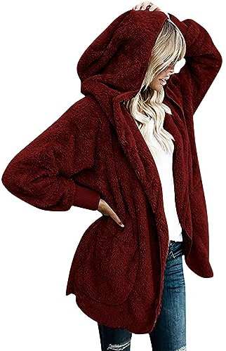 Damen-Strickjacken, Winter, warm, Fleecemantel, superweich, bequem, leicht, Kapuzenjacken, lockere Langarm-Oberbekleidung, einfarbig, Oberteile, UK-Größe S-5XL, für Herbst, Winter, Frühling, 01#Wein,