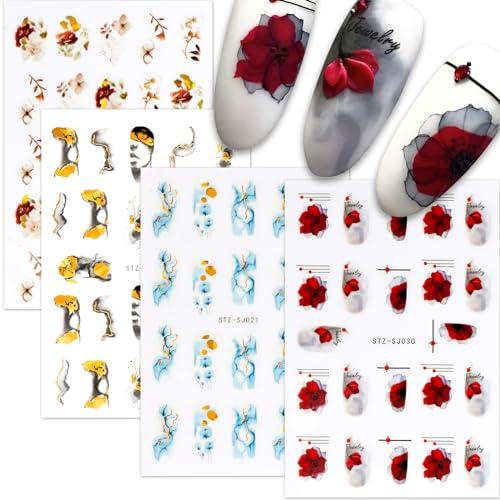 4 Blatt Nagelsticker Selbstklebend Blumen Gesicht Abstrakte Linie Nagel Sticker Nagelaufkleber Glitzer Aufkleber Nail Art Stickers Zubehör DIY für Damen Mädchen Weihnachten Nagelkunst Dekoration
