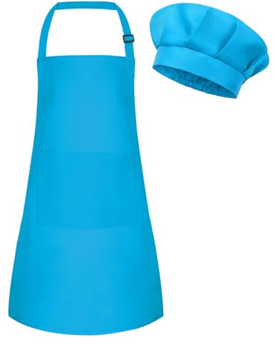 BOUBONI Delantal infantil y gorro de cocinero ajustable con 2 bolsillos, gorro de cocinero y delantal para cocinar, hornear y pintar, D - azul, L