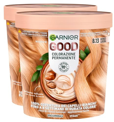 Garnier Good Permanente Haarfarbe, für bis zu 8 Wochen, brillante und leuchtende Farbe, deckt 100 % weißes Haar ab, vegane Formel ohne Ammoniak, 8.13 Aurora-Blond - 2 Packungen