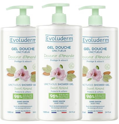 EVOLUDERM – Gel Douche Onctueux Douceur d'Amande - 1000 ml - 95% d’Origine Naturelle - Végan - Fabrication Française - Lot de 3 x 1000 ml
