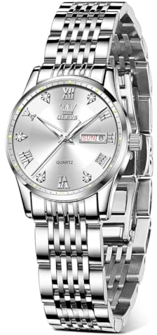 OLEVS Silber Uhr Damen Analog Kleid Quarz Mode Datum Damen Uhren Edelstahl Weiß Zifferblatt Klein Damenuhren mit Römische Zahlen Diamant Leuchtend Wasserdicht Womens Watch Geschenke für Frauen