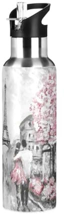 Bouteille d'eau avec paille étanche - Motif Tour Eiffel Paris - Peinture artistique - Bouteille isotherme pour filles et garçons - 600 ml