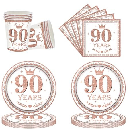 52Pcs Rose Gold Tableware Set for 90th Birthday Table Decor,Rose Gold 90th Paper Napkins Cups and Paper Plates,Rose Gold Paper Dinnerware Women 90th Birthday Decor Her 90th Birthday Party Supplies
