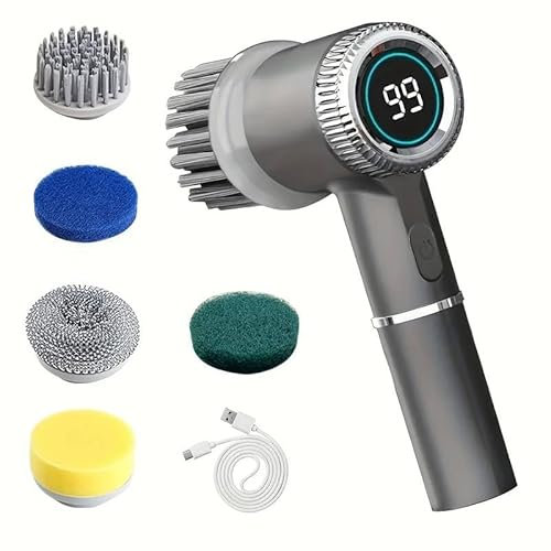 Limpiador giratorio eléctrico con pantalla LED, juego de cepillos de limpieza de mano con 5 cabezales intercambiables, batería de litio recargable, carga USB, multiusos para baño, cocina, coche (gris)