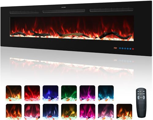 Kentsky 152 cm Electric Fireplace, Recessed and Wall Mounted Fireplace Heater, 750W/1500W with Remote Control, Touch Screen, 13 Flame Colors, Timer