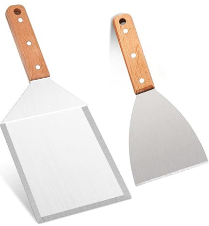 Griddle Spatula Set, 2 Pcs Stainless Steel Flat Top Grill Spatula and Scraper Set, Heavy Duty Teppanyaki Spatulas with Wooden Handle, Metal Spatula Turner for BBQ, Smash Burgers, Griddle, Kitchen Use