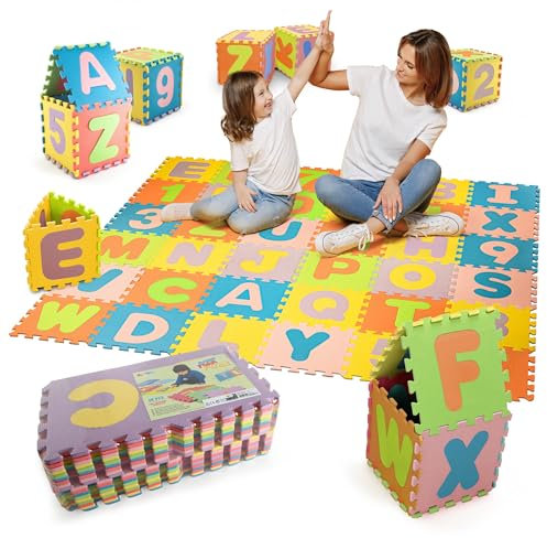 Joya Creative Spielmatte 86-TLG. - Puzzle-Schaumstoffmatte mit Zahlen & Buchstaben - Schutzmatte Kinderteppich - Lernmatte für Kinderzimmer & Spielzimmer - 180x180 cm - Bunt