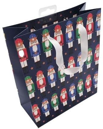 Christmas Nutcracker Gift Bag – Medium Size with Glitter Detail, Ribbon Handles & Foil Tag – 25.2 x 10.1 x 21.3 cm