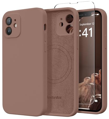 SuydanBox Magnetische Hülle für iPhone 12, kompatibel mit MagSafe, [Vollständiger Kameraschutz] [Displayschutzfolie] Stoßfeste Silikon-Schutzhülle für iPhone 12 6,1 Zoll, Braun
