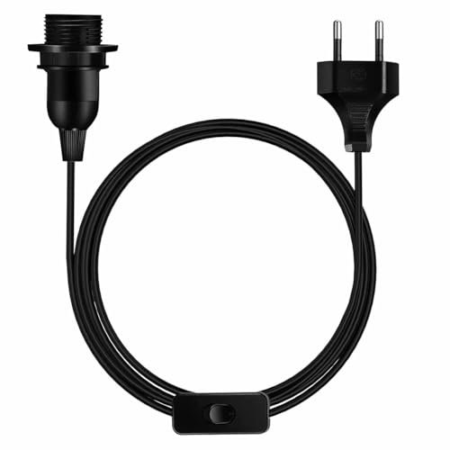 TECHZOCO Portalámpara E27 con Interruptor, Adaptador de lámpara E27, Base para Bombilla E27, Enchufe + Interruptor ON/Off, Longitud de 2 Metros, Casquillo E27 Cable 0,75 mm², máx. 60W, Negro