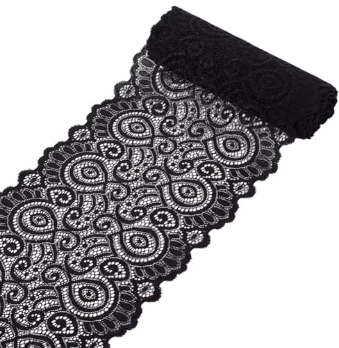 NBEADS 6 Yards Stretch Sewing Lace Trim Stoff, 19cm Breites Elastisches Spitzenband Floral Edge Spitzenbesatz für Braut Hochzeit Dekorationen Nähen DIY Making Crafts, Schwarzer