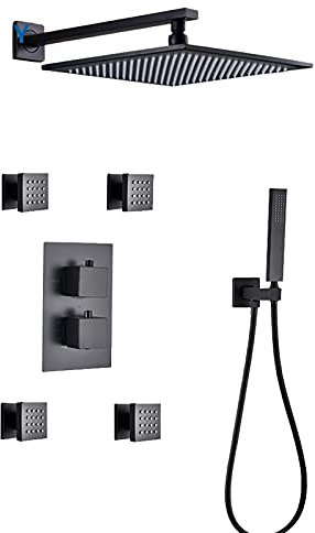 XCHSXYL Thermostatisches Duscharmatur-Set Concea, gebürstetes Nickel, Dusch-Kombi-Set mit Handbrause und Regenduschkopf, Wanne und Duschverkleidungsset, 16 Zoll (A 12 Goal) (A 12 Goal)