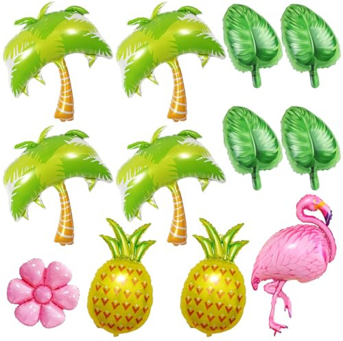 12 Pack Tropical Hawaii Balloons Flamingo Pineapple Coconut Tree Aluminum Foil Balloon Aloha Luau Mylar Balloon Flower Leaf Balloons for Beach Pool Birthday Party Hawaii Theme Party Decor