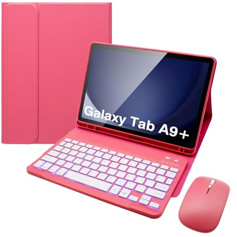 Keyboard Case for Samsung Galaxy Tab A9 Plus 11 Inch - 7 Colors Backlit Wireless Detachable Folio Keyboard Cover with Pencil Holder, Bluetooth Mouse for Tablet A9+,Red