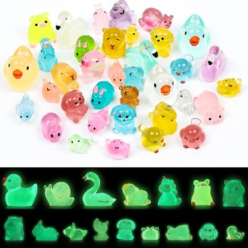 DiULi Mini Harz Hasen, 36 Stück Mini Resin Ducks Kleine Bunte Enten, Figuren Tier Figuren Miniatur für Hausgartendekoration und Osternparty Geschenk, Mini Einhorn(Leuchtend)