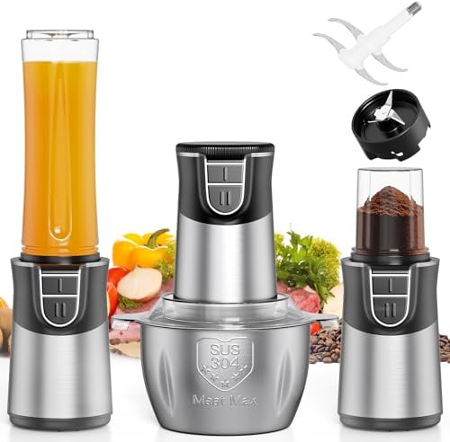 TPGSING 3-in-1 Mixer Küchenmaschine, 500W Multifunktions Mini Mixer & Zerkleinerer, Für Smoothiemaker, Fleisch Zerkleinerer, Gewürze & Kaffeemühle, 3 Behälter & 4 Edelstahl-Klingen, Spülmaschinenfest