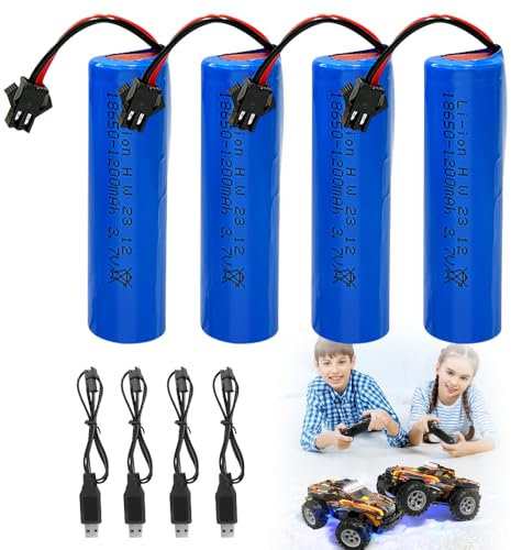 Mineup 4 Stück Akku 18650 3.7v, 1200mah Li-ion Battery, 3.7V RC Akku mit 4 USB Chargers SM-2P Plug, 3 7 Volt 18650 Li-ion, Rechargeable Battery für RC Fahrzeuge, Boote, Panzer,Roboter