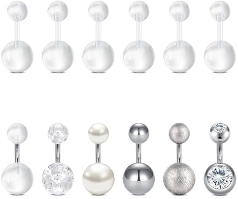 FECTAS Bauchnabelpiercings 6–32 mm Silber Edelstahl und Durchsichtiger Kunststoff Schwangerschafts Bauchnabelpiercing Hypoallergenes Kurzes und Langes Bauchnabel Piercing Schmuckstück