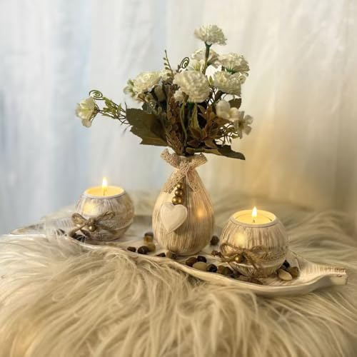 3Pcs Tealight Candle Holders with Tray Wooden Candlestick Set for Wedding Dining Table Centrepiece Decor, Gift for Mum Birthday Romantic Home Decor