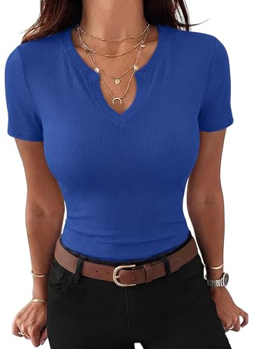 Gyabnw Tee Shirt Femme Col V Manches Courtes Côtelé Slim | Maille côtelée extensible, Coupe ajustée, Décolleté féminin, Idéal pour été et sorties