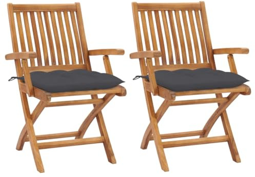 Tonture 2er Set Gartenstühle Massivholz Teakholz, Anthrazit Kissen, klappbar, 56x58x88cm, für Outdoor & Indoor, Terrassenstühle, Balkonstuhl, Esszimmer, hohe Belastbarkeit