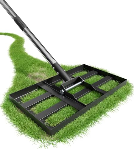 Rasenrakel 43x25cm mit Verstellbarem 180cm Langem Edelstahlstiel, Robuster & Kraftsparender Garten Rasenrechen, Nivellierrechen zum Einfachen Planieren von Sand und Erde, Für Garten Hof und Golfplatz