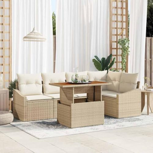 Hoopleep Garten-Sofa-Set mit Speicher, 6-teilig, Beige Poly Rattan Lounge Möbel für Terrasse und Outdoor, modulares Design mit Wasserdichten Kissenboxen